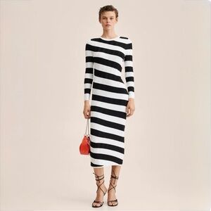 Mango Black White Striped Ribbed Maxi Dress Long Sleeve Bodycon